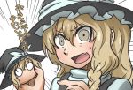  &gt;:o 1girl :o braid brown_eyes brown_hair chamaji hat holding kirisame_marisa long_hair looking_at_viewer o_o open_mouth pointing single_braid solo surprised sweat touhou translation_request witch_hat 