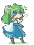  1girl alternate_hairstyle chibi frog frog_hair_ornament gohei green_eyes green_hair hair_ornament hekoningyou_(waraningyou) kochiya_sanae long_hair ponytail smile snake snake_hair_ornament solo touhou 