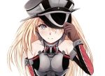 1girl bare_shoulders bismarck_(kancolle) blonde_hair blue_eyes brown_gloves detached_sleeves gloves hat hat_over_one_eye hat_tip kantai_collection leaning_forward long_hair looking_at_viewer military military_hat military_uniform peaked_cap qunqing simple_background smile solo uniform upper_body white_background