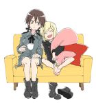  2girls ^_^ amamori_kohan ankle_boots blonde_hair boots brown_eyes brown_hair closed_eyes colored_eyelashes erica_hartmann gertrud_barkhorn hair_ribbon long_hair long_sleeves looking_at_another military military_uniform multiple_girls pillow ribbon shoes_removed short_hair sitting strike_witches twintails uniform 