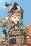  1girl a-10 airplane america american_flag assault_rifle ayyh blood brown_eyes brown_hair building camouflage commentary_request fang fire firing from_below glasses gloves gun hand_on_own_head headset helmet highres load_bearing_vest looking_down magazine_(weapon) military military_uniform open_mouth original out_of_frame rifle sky sling smoke soldier solo_focus sweat tourniquet uniform war weapon 