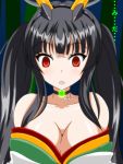 1girl :o bare_shoulders black_hair breasts choker cleavage empty_eyes hair_over_breasts headgear highres japanese_clothes kaguya_(queen&#039;s_blade) large_breasts long_hair mind_control pov queen&#039;s_blade queen&#039;s_blade_grimoire red_eyes suzumori_kuroku translation_request twintails 