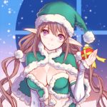  1girl box breasts brown_hair capelet christmas cleavage detached_sleeves gift gift_box hat head_tilt highres long_hair looking_at_viewer low_twintails midriff p-kana pointy_ears rinna_mayfield santa_hat scrunchie shining_(series) shining_resonance smile solo star twintails upper_body violet_eyes 