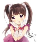  1girl artist_name blush bracelet brown_hair character_name cristian_penas food fruit gloves hair_ornament hands_on_own_face heart jewelry lips long_hair real_life shiina_pikarin smile solo strawberry twintails violet_eyes white_gloves 