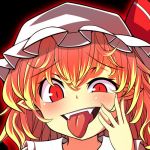  1girl blonde_hair blush crazy_eyes fangs flandre_scarlet glowing hand_on_own_face lowres mob_cap oimo_(imoyoukan) red_eyes short_hair solo tongue tongue_out touhou uneven_eyes 