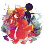  1girl apple boots brown_hair castle cosplay deemo deemo_(character) expressionless food fruit girl_(deemo) grimm&#039;s_fairy_tales hood little_red_riding_hood little_red_riding_hood_(cosplay) little_red_riding_hood_(grimm) looking_at_viewer yeonie 