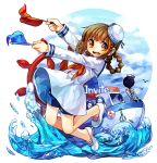 1girl braid deemo deemo_(character) flag full_body girl_(deemo) harrymiao highres jumping looking_at_viewer sailor ship shorts smile song_name twin_braids water 