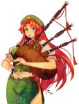  1girl bagpipes chinese_clothes green_eyes hat hong_meiling long_hair playing_instrument puffy_short_sleeves puffy_sleeves redhead shirt short_sleeves side_slit signature skirt skirt_set smile solo star terajin touhou very_long_hair vest 