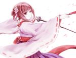  1girl absurdres deemo expressionless flower girl_(deemo) hakama highres japanese_clothes katana looking_at_viewer shokujin_hatefukuchuu solo sword weapon wide_sleeves 