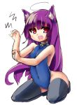  animal_ears cat_ears competition_swimsuit fang highres kneeling long_hair one-piece_swimsuit open_mouth original paw_pose purple_hair red_eyes smile swimsuit thigh-highs very_long_hair 