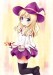  1girl aoba_(kona) blonde_hair blue_eyes blush boots cosplay detached_sleeves hat jumping mirakurun mirakurun_(cosplay) skirt smile thigh-highs thigh_boots toshinou_kyouko wand witch_hat yuru_yuri 