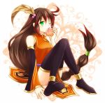  1girl anklet bare_shoulders black_legwear braid brown_hair china_dress chinese_clothes chisa detached_sleeves dress eating feathers food green_eyes guan_yinping_(p&amp;d) hair_feathers holding jewelry long_hair long_sleeves low-tied_long_hair nikuman one_eye_closed orange_dress puzzle_&amp;_dragons single_braid sitting solo thigh-highs 