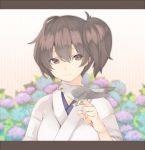  1girl akagashi_hagane animal bird bird_on_hand brown_eyes brown_hair flower kaga_(kantai_collection) kantai_collection short_hair side_ponytail smile solo upper_body 