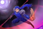  1boy blue_hair fate/stay_night fate_(series) full_moon gae_bolg lancer long_hair moon nakata_shunpei polearm ponytail pose red_eyes signature sky solo spear weapon 