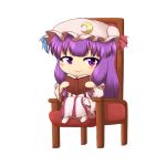  1girl blue_ribbon book chibi crescent crescent_moon hair_ribbon hat long_hair moon pajamas patchouli_knowledge pillow_hat purple_hair reading red_ribbon ribbon simple_background sitting solo touhou violet_eyes white_background 