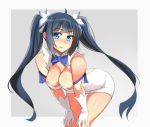  1girl :q black_hair blue_eyes blush breasts cleavage dungeon_ni_deai_wo_motomeru_no_wa_machigatteiru_darou_ka gloves hair_ribbon hestia_(danmachi) hevn long_hair rei_no_himo ribbon solo tongue tongue_out twintails white_gloves 