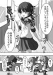  3girls bowing chibi comic commentary fang female_admiral_(kantai_collection) folded_ponytail hair_ornament hairclip hat hat_removed headwear_removed ikazuchi_(kantai_collection) inazuma_(kantai_collection) kantai_collection low_twintails meitoro monochrome multiple_girls neckerchief o_o open_mouth peaked_cap pleated_skirt ponytail school_uniform serafuku shirayuki_(kantai_collection) short_hair short_sleeves skirt translation_request twintails 