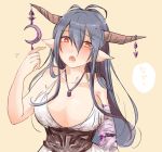  1girl antenna_hair bandages blue_hair blush breasts cleavage danua dress granblue_fantasy hair_between_eyes heart heart-shaped_pupils horn_ornament horns jewelry large_breasts long_hair necklace open_mouth pointing pointy_ears red_eyes sayuco solo symbol-shaped_pupils translated 