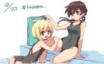  2girls :d ass black_ribbon blonde_hair blue_eyes bob_cut brown_eyes brown_hair covered_navel dated erica_hartmann gertrud_barkhorn hair_ribbon hands_on_another&#039;s_thighs kodamari long_hair looking_at_another multiple_girls one-piece_swimsuit open_mouth partially_submerged pool ribbon short_hair smile strike_witches swimsuit twintails twitter_username water wet 