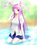  1girl animal_ears breasts cleavage collarbone eeryuu_(2004107) grass hand_in_hair highres in_water lavender_hair light_frown long_hair looking_at_viewer one_eye_closed pleated_skirt rabbit_ears red_eyes reisen_udongein_inaba short_sleeves sitting skirt solo touhou very_long_hair wariza wet wet_clothes 