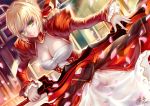 1girl aestus_estus ahoge blonde_hair breasts cleavage epaulettes fate/extra fate_(series) green_eyes hair_ribbon large_breasts leotard petals ribbon saber_extra solo wuduo 