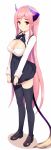  1girl blush breasts cleavage cleavage_cutout dress dress_tug earrings horns jewelry large_breasts loafers long_hair original pink_hair pointy_ears ponkotsu_(ayarosu) red_eyes shoes solo standing tail thigh-highs zettai_ryouiki 