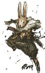  1boy animal_ears baggy_pants dagger full_body fur_collar furry highres jumping nameo_(judgemasterkou) overgrowth pants rabbit rabbit_ears reverse_grip snout solo turner_(overgrowth) weapon 