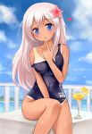  1girl blue_eyes breasts drink flower hair_flower hair_ornament kantai_collection long_hair nikoo one-piece_tan ro-500_(kantai_collection) school_swimsuit solo swimsuit tan tanline 
