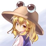  1girl blonde_hair expressionless gradient gradient_background hair_ribbon hat long_sleeves looking_at_viewer looking_back moriya_suwako payot ribbon ryogo simple_background solo touhou upper_body vest yellow_eyes 
