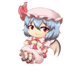  1girl bat_wings blue_hair bow brooch chibi hat hat_bow jewelry mob_cap red_bow red_eyes remilia_scarlet short_hair short_sleeves simple_background smile solo touhou white_background wings wrist_cuffs 