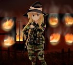  1girl alternate_costume assault_rifle blonde_hair braid brown_eyes burning camouflage cyka fire gun hat highres kirisame_marisa load_bearing_vest long_hair patch republika_srpska rifle serbia serbian_flag touhou vojska_republika_srpska weapon witch_hat zastava_m70 