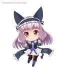  1girl animal_ears boots bow butter-t cat_ears cat_tail chibi dress fake_animal_ears frills gothic_lolita grey_hair headdress lolita_fashion original paw_pose red_eyes ribbon smile solo striped striped_legwear tail tail_ribbon thigh-highs vertical-striped_legwear vertical_stripes 