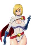 1girl blonde_hair blue_eyes blue_gloves breasts cleavage cleavage_cutout cowboy_shot dc_comics gloves hair_between_eyes highres kamen-blue large_breasts leotard power_girl short_hair smile solo white_background 