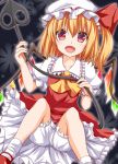  1girl ascot blonde_hair bloomers dress fangs flandre_scarlet hat hat_ribbon jacket kue laevatein mob_cap open_clothes open_jacket puffy_short_sleeves puffy_sleeves red_dress red_eyes ribbon shirt short_sleeves side_ponytail sitting smile solo touhou underwear upskirt wings 