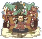  banner brown_hair crossed_arms dragon frown gekidragon grass green_hair hakama horns indian_style japanese_clothes kataginu looking_at_viewer looking_to_the_side open_mouth orochi_(youkai_watch) sharp_teeth sitting smoke ticktack_chicken tsuchigumo_(youkai_watch) youkai youkai_watch 