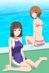  1girl black_hair brown_eyes brown_hair highres kinuhata_saiai long_hair looking_at_viewer looking_back multiple_girls pool short_hair smile_(rz) solo swimsuit takitsubo_rikou to_aru_kagaku_no_railgun to_aru_majutsu_no_index water 