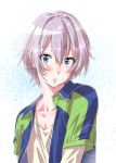  1boy blue_eyes blush collarbone eyelashes jacket maruta open_clothes open_jacket otoko_no_ko short_hair silver_hair simple_background solo totsuka_saika track_jacket yahari_ore_no_seishun_lovecome_wa_machigatteiru. 