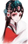  1girl deemo expressionless flower girl_(deemo) hair_flower hair_ornament highres japanese_clothes kimono looking_at_viewer pale_skin shokujin_hatefukuchuu solo 