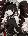  1girl black_hair black_nails bonnet celestia_rudenberk dangan_ronpa drill_hair earrings hand_to_own_mouth jewelry nail_polish necktie pale_skin red_eyes red_necktie simple_background solo twin_drills wonoco0916 