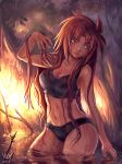  1girl 2015 bathing bra breasts cleavage cowboy_shot evening forest freckles les_chevaucheurs long_hair maxa&#039; nature navel outdoors panties phenice_walholl redhead signature solo underwear underwear_only very_long_hair wading water wet yellow_eyes 