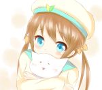  1girl :3 blue_eyes blush brown_hair cat error_musume girl_holding_a_cat_(kantai_collection) hair_ribbon hat kantai_collection long_sleeves ribbon short_hair twintails yuzuru_(hayuiop123) 