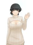  1girl adult amagami black_eyes black_hair blush breasts cleavage cleavage_cutout dai_dassou large_breasts open-chest_sweater ponytail ribbed_sweater short_hair smile solo sweater tsukahara_hibiki turtleneck waving 