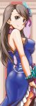  1girl ass bangs bare_shoulders blue_dress blue_eyes brown_hair choker dress frills hair_ornament highres idolmaster idolmaster_cinderella_girls long_hair looking_back namari_fudetarou nishikawa_honami ribbon smile solo swept_bangs 