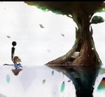  1girl closed_eyes deemo deemo_(character) different_reflection girl_(deemo) lestored_cro petals reflection sitting smile spoilers tree water 