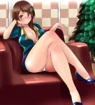  1girl ass bare_legs breasts brown_eyes brown_hair cigarette cleavage couch crossed_legs futatsuiwa_mamizou futatsuiwa_mamizou_(human) glasses hair_ornament hand_in_hair kozue_akari large_breasts leaf_hair_ornament looking_at_viewer miniskirt office_lady panties pantyshot pantyshot_(sitting) red-framed_glasses shirt sitting skirt smile solo thighs touhou underwear white_panties 