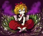  1girl bags_under_eyes blonde_hair blue_eyes bow dress flower hair_bow harusame_(unmei_no_ikasumi) licking_lips lily_of_the_valley medicine_melancholy neck_ribbon poison ribbon ribbon-trimmed_skirt shoes short_hair short_sleeves sitting smirk solo tongue tongue_out touhou 