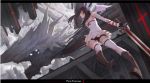  1girl angel_wings black_hair highres long_hair monster pixiv_fantasia pixiv_fantasia_t red_eyes solo thigh-highs weapon wings zeixique 