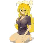  1girl animal_ears belt blonde_hair breasts cleavage cosplay fox_ears fox_tail hat highres police police_uniform policewoman solo tail thighs touhou uniform white_background yakumo_ran yellow_eyes zuttokodomo 