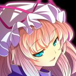  1girl :d blonde_hair blue_eyes glowing long_hair looking_at_viewer lowres mob_cap oimo_(imoyoukan) open_mouth portrait slit_pupils smile solo touhou yakumo_yukari 