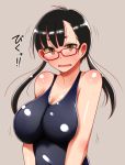  black_hair breasts brown_background brown_eyes glasses large_breasts long_hair looking_at_viewer low_twintails odoriyama_gorou original red-framed_glasses school_swimsuit simple_background sweat swimsuit translation_request twintails 